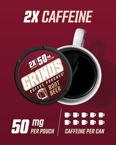 Grinds Coffee Pouches | Tobacco Free, Nicotine Free Healthy Alternative | 3 Cans of Root Beer | 18 Pouches Per Can | 2x Caffeine 1 Pouch eq. 1/2 Cup of Coffee