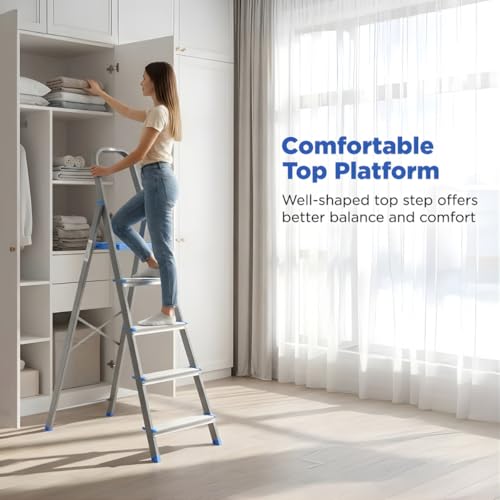 Image of Nilkamal Rise 5 Step Heavy Duty Steel Ladder with Aluminium Steps | for Home Use | Climb Easy Anti-Slip Steps | Secure Safety Clutch Lock | 150 kg Capacity | 1 Year Warranty