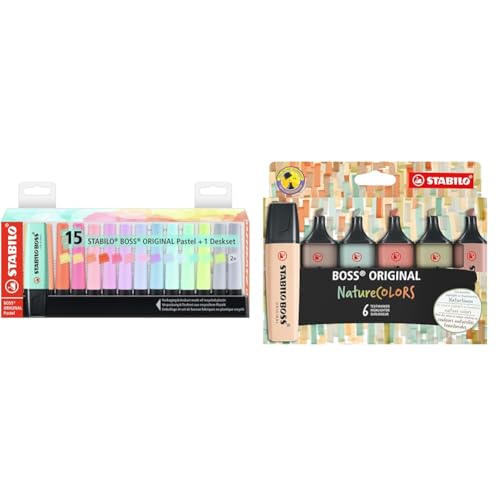STABILO Marcador BOSS ORIGINAL Pastel - Set de mesa con 15 colores & Marcador BOSS ORIGINAL NatureCOLORS - Estuche con 6 colores (verde barro, verde tierra, ocre oscuro, siena, beige, gris cálido)