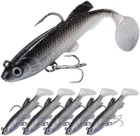 Goture Soft Fishing Lures jig Heads, Saltwater Freshwater Minnow Fishing Bait T Tail with jig Head, Fishing Lure Swim Shad Baits for Bass Fishing 5/15Pack