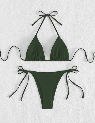 Image of Tainehs Women's Sexy Halter Thong Bikini Tie Two Sides Bottom Triangle Bikini Swimsuits