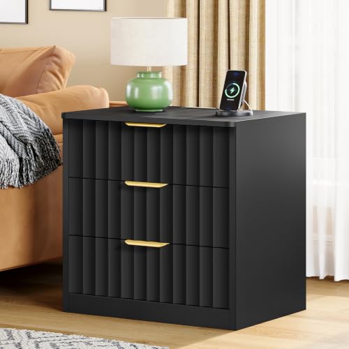 Image of TEENFON Fluted Nightstands Set of 2, Night Stand with Charging Station and LED Light, Nightstand with 3 Storage Drawers, Bedside Table for Small Space, Bedroom, Black