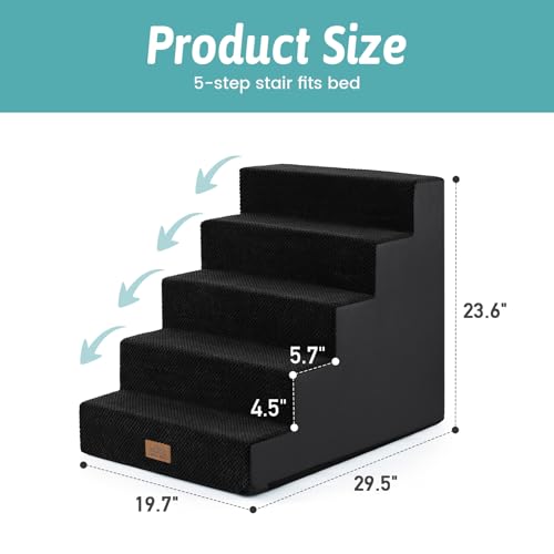Image of COZY KISS Dog Stairs for Small Dogs 5-Step, 19.7 inch Extra Wide Right-Angle Pet Stairs for Couch and Beds, Anti-Slip Dog Steps for Old Cats and Lowrider, 19.7x29.5x23.6 inch, Black