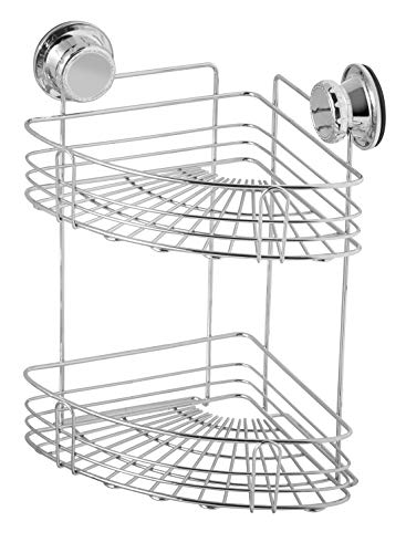 Bloomsbury Mill - Extra Strong Suction 2 Tier Corner Shower Caddy - Bathroom Organiser Shelf - Rust Proof - Chrome