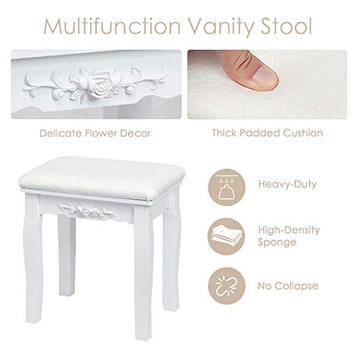 CHARMAID Vanity Table Set with Lighted Mirror, Makeup Dressing Table with 10 LED Lights, Touch Switch, 5 Drawers, Removable Organizer, 10 Dimmable Lights Makeup Table and Cushioned Stool Set (White)