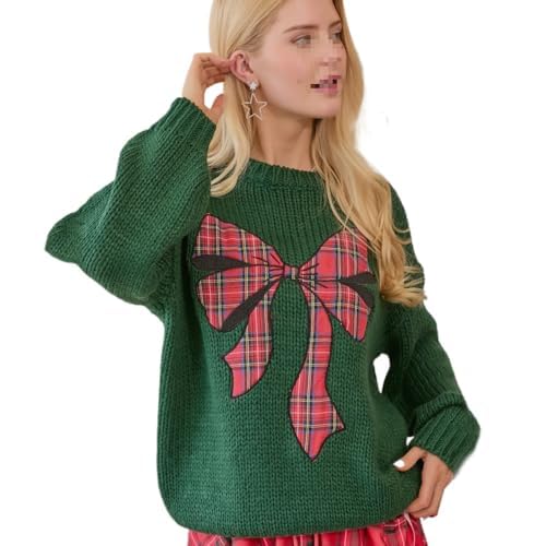 Womens Holiday Knit Sweater with Plaid Bow Design Green Long Sleeve Winter Festive Pullover