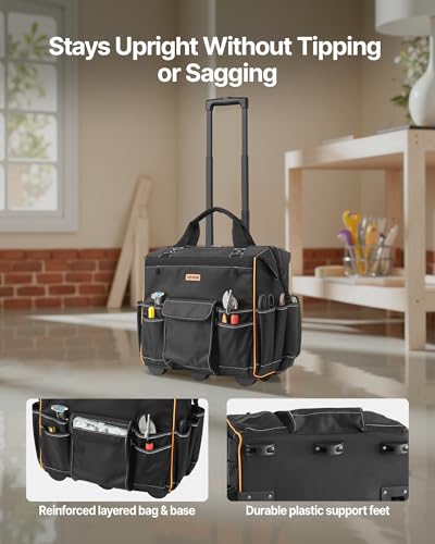 Image of VEVOR 18 inch Rolling Tool Bag, 110lbs Load Capacity, 25Pockets Heavy Duty Roller Tool Bag w /Adjustable Telescoping Handle & Stable Base, Toolbag Organizers with Wheels for Electrician, Construction
