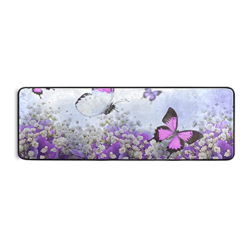 Purple Flowers And Butterflies Kitchen Rugs Non-Slip Soft Doormats Bath Carpet Floor Runner Area Rugs For Home Dining Living Room Bedroom 72" X 24" #TOP1