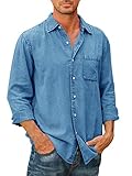 Runcati Mens Denim Long Sleeve Button Down Shirt Casual Durable Loose Fit Jean Shirts with Chest Pocket