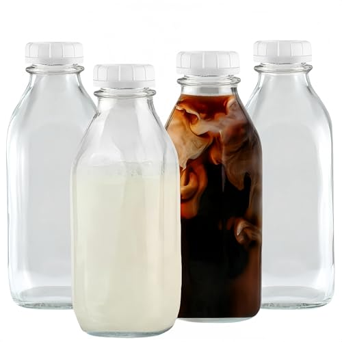 Lot de 4 bouteilles de lait en verre transparent de 1000 ml avec couvercle, réutilisables pour jus, vinaigrettes, sauces, boissons, décoration