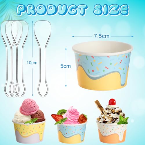 Image of Boao 100 Set 5 oz Ice Cream Cups with Spoons Disposable Paper Sundae Dessert Bowls Summer Party Supplies (Confetti Style)