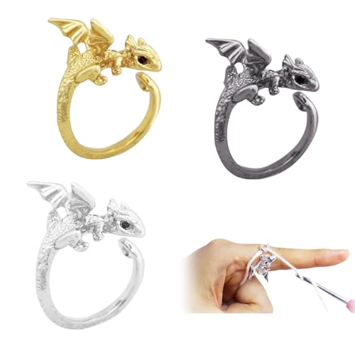 Mrltau 3 Pcs Drachen Häkelringe Finger Metall Häkel Ring Häkelzubehör Strickring Finger Dragon Crochet Ring Häkeln Zubehör Strickzubehör für Häkeln & Stricken