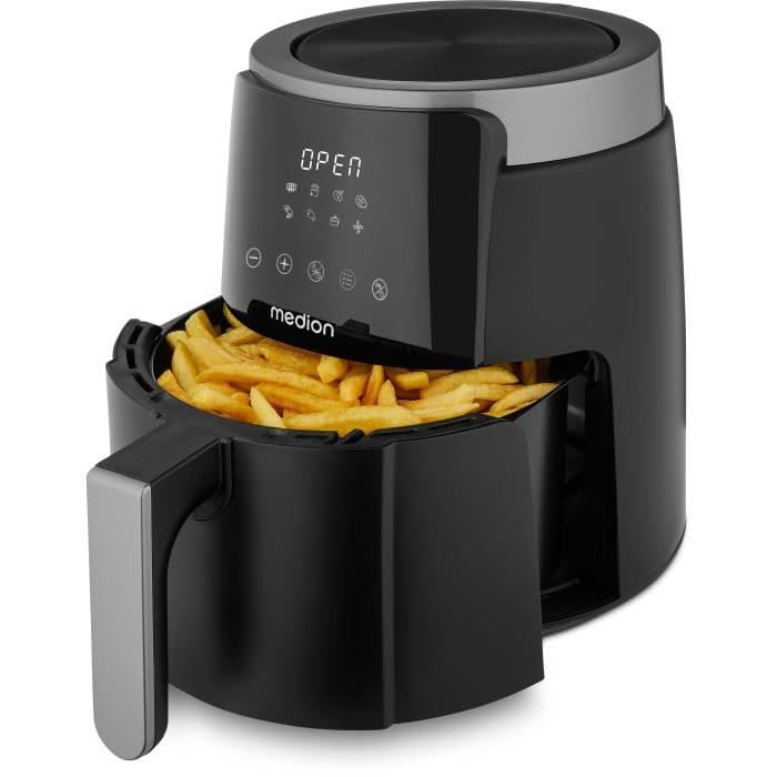 MEDION Friggitrice ad aria calda P40 L (4,7 litri, 1500 watt, funzionamento semplice, frittura senza olio, timer 60 minuti, fino a 200° C, rivestimento antiaderente, MD13030) nero