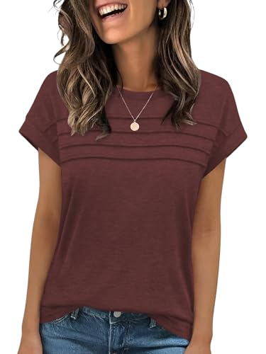 Cuptacc Basic Shirt Damen Rundhals Sommeroberteile Elegant T Shirts Leicht Tops Mode Für Damen Casual Weinrot M 38-40