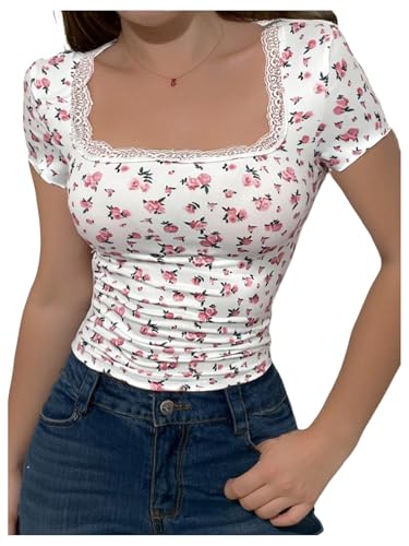 SweatyRocks Girl's Floral Print T Shirt Lace Square Neck Short Sleeve Vintage Vacation Tops