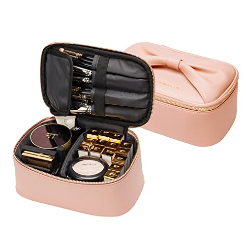 Rownyeon バニティポーチ 化粧ポーチ 大容量 かわいい ブラシ入れ 機能的 リボンハンドル 化粧ボックス 持ち運び 仕切り バニティケース コスメポーチ メイクポーチ コスメケース ミニメイクボックス 化粧品ケース 旅行用 携帯便利 ギフト プレゼント適用 韓国風 ローズダスト
