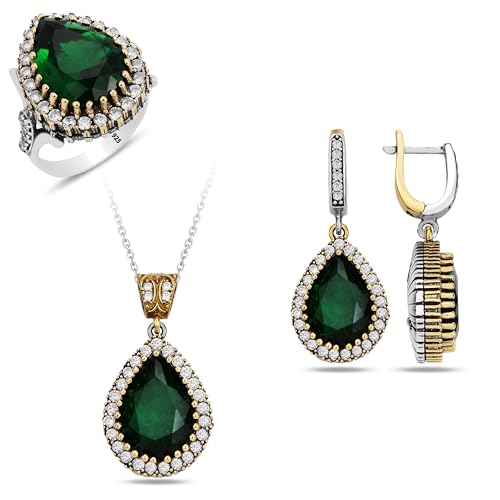 Hurrem Sultan Silver Jewelry Set - Emerald Silver Jewelry Set - Hurrem Queen Jewelry - Emerald Ring Earring Necklace