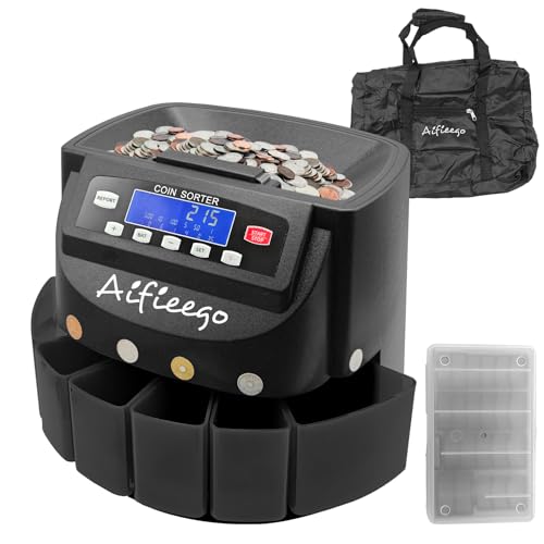 Aifieego コインカウンター 自動選別 硬貨計数機 高精度硬貨カウンター マネーカウンター コイン カウンター 小銭計算機 小銭カウンター お金を数える機械 ビジネス・家庭用 小銭 仕分け マネーディスプレイコインケース 付き 事務用×2個 ヒューズ付き 日本語説明書付き 1個バッグ