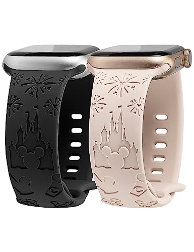 Girovo 2 Packs Cartoon Bands Compatible with Apple Watch Bands 41mm 40mm 38mm Girls Women, Stylish Soft Silicone Cute Engraved Strap for iWatch Series 9/8/7/6/5/4/3/2/1/SE/Ultra/Ultra2-Starlight&Black