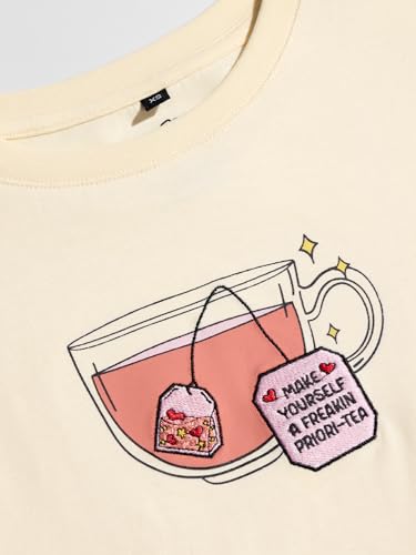 Image of The Souled Store Priori-Tea Women and Girls Short Sleeves Round Neck Yellow Embroidered Cotton Relaxed Fit T-Shirts
