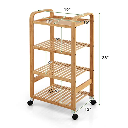 Costway 4-Tier Bamboo Rolling Cart, Kitchen Utility Serving Trolley With Locking Casters, Sided Handles, Multifunctional 4-Tier Storage Rack, Mobile End Table, Kitchen Island Stand Shelf On Wheels #TOP6