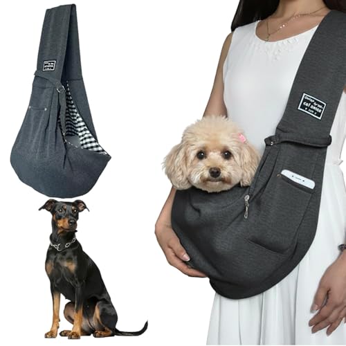Lifetips ジャーマン・ピンシャー ペットスリング 犬猫兼用 ショルダーキャリー 軽量 通気 洗える 調節可能 クッション付き 収納ポケット 斜め掛け アウトドア 11色展開 小型犬 中型犬 ペット用キャリーバッグ (ダークグレー)