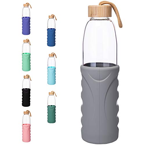 Life4u Sport Bouteille d'eau en Verre au Borosilicate avec Manchon en Silicone sans BPA Gourde en Verre 500 ML Gris