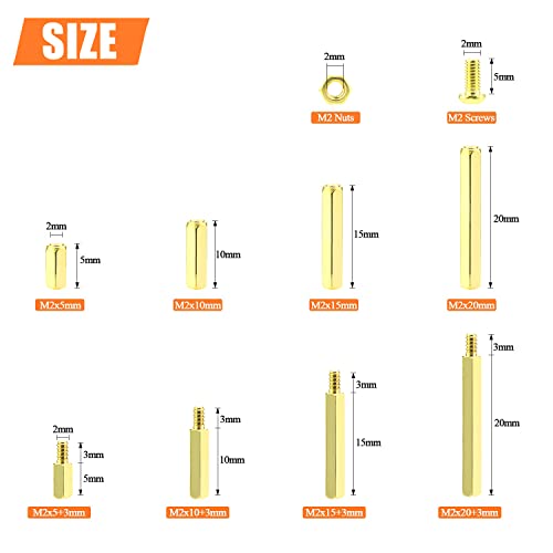HELIFOUNER 322 Pieces M2 Male Female Hex Brass Spacers Standoffs Screws Nuts Assortment Kit, Threaded Pillar for Printed Circuit Board Motherboard