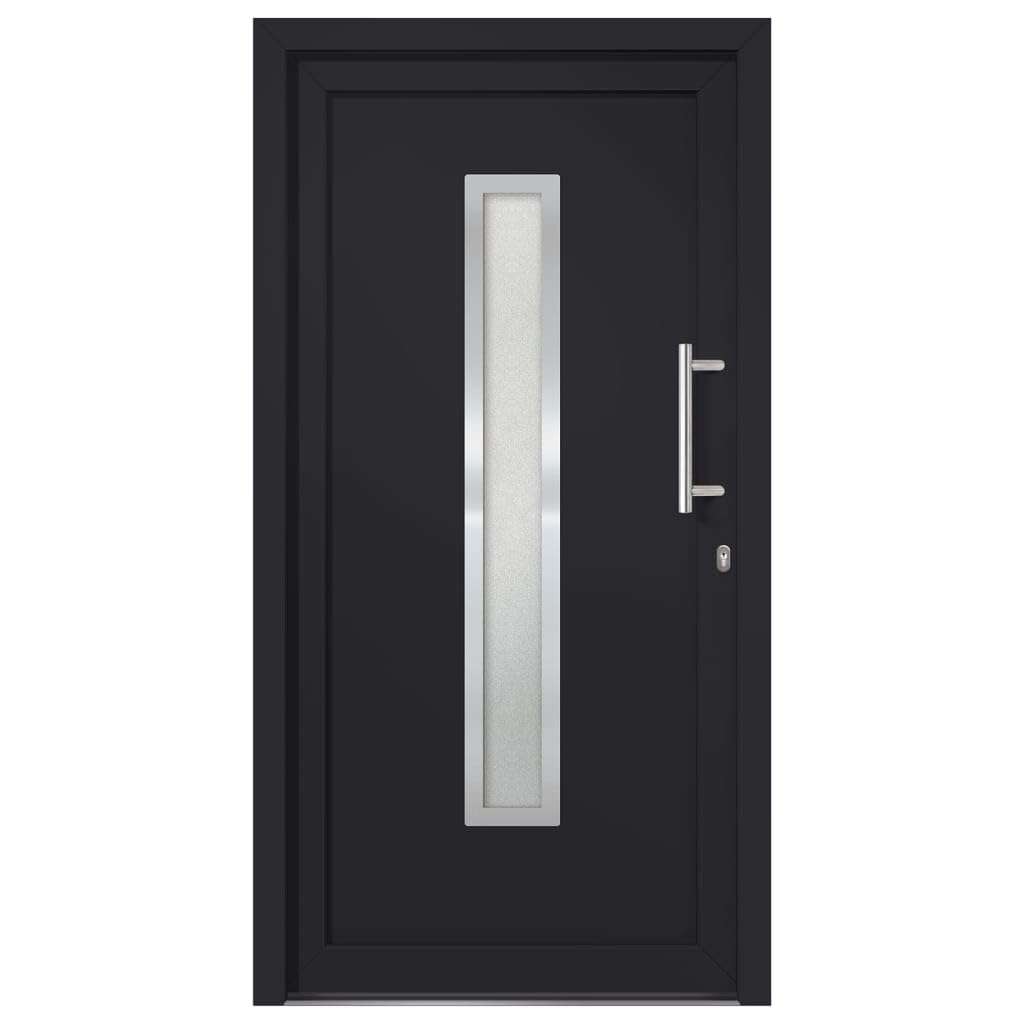 Drzwi frontowe antracytowe 88 x 200 cm PVC z rdzeniem warstwowym, 5-punktowy zamek, zawiasy 3D, szkło izolacyjne, UD 1,4 W/m²K, ogranicznik prawy, do użytku na zewnątrz
