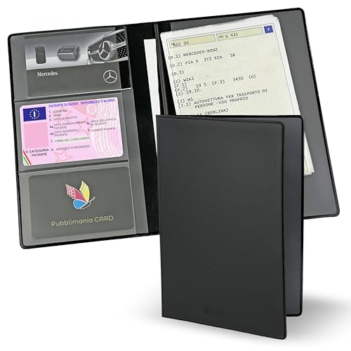 pubblimania Portadocumenti Auto Moto, chiusura a due ante Made in Italy. Per libretto, card, assicurazione, bollo o documenti da viaggio (Nero)