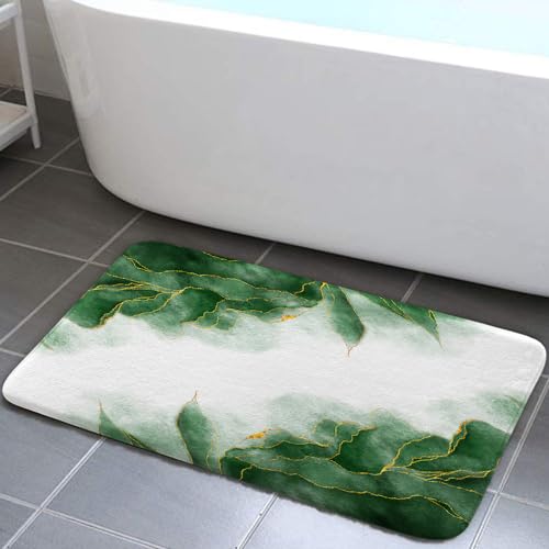 Green and Gold Marble Bath Mat for Bathroom, Dark Emerald Sage Hunter Olive Green Floor Rugs Mats Non Slip Modern Golden Bathroom Decor Accessories 17X29 Inches Kitchen Bedroom Indoor