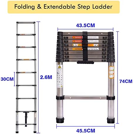 Telescoping Ladder, Portable Telescopic Extension 2.6M Tall Multi Purpose Loft Ladder, Folding Retractable Library Ladder with Adjustable Step for Roof Work, Window Cleaning, Indoor Decorating