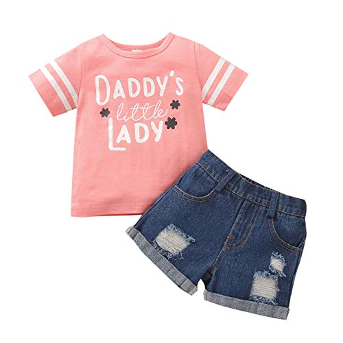 Toddler Girl Clothes Letter Print Short Sleeve T-Shirt Tops Ripped Jeans Shorts Set Baby Girl Summer Outfits (Pink, 18-24 Months)