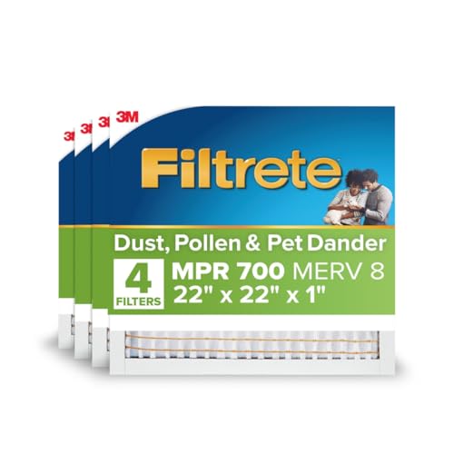 Filtrete 22x22x1 AC Furnace Air Filter, MERV 8, MPR 700, Tough on Pollen, Easy on Airflow, 3-Month Pleated 1-Inch Electrostatic Air Cleaning Filter, 4-Pack (Actual Size 21.69 x 21.69 x 0.81 in)