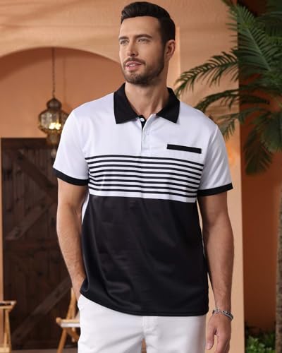 EndoraDore Mens Golf Color Block Polo Shirts Casual Short Sleeve T-Shirt Striped Moisture Wicking Tops