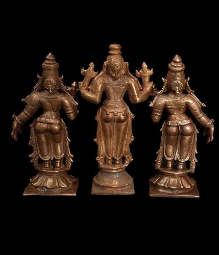 Image of Copper God Idols Rukmani sathyabama sametha navaneetha Kannan 3.9 inches, 450 Grams, Patina Antique Finish, Pack of 3 Piece