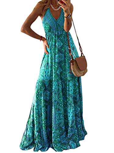 ORANDESIGNE Sommerkleid Damen Maxi Länge Ärmelloses Swing Abendkleid Blumen Vorne Kurzes Kleid Neckholder Spaghettiträger Floralem Strandkleid (C...