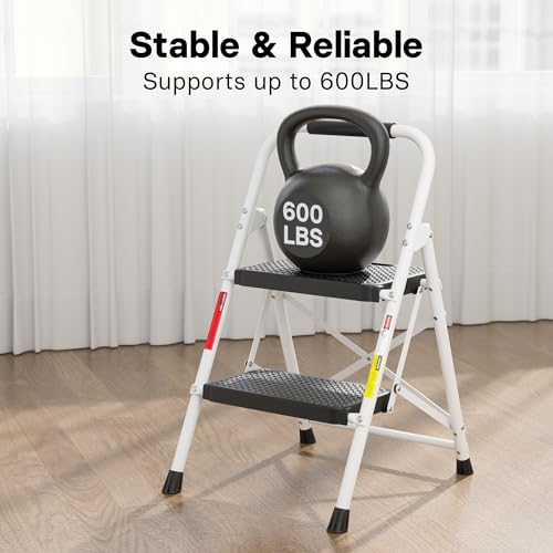 Image of BONTEC 2-Step Ladder, Folding Step Stools for Adults with Wide Anti-Slip Pedals, Max Load Capacity 600lbs Sturdy Steel Ladder, Lightweight, Convenient Handle, Portable Steel Step Stool, White