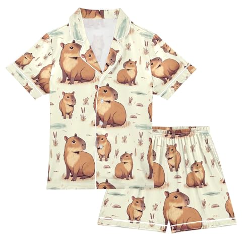 senya Capybara Friends Satin Summer Pajama Sets Silk Short Sleeve Button Down Sleepwear