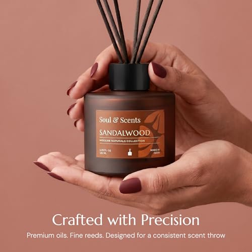 Image of Soul & Scents 120ml Reed Diffuser Set Sandalwood | Long Lasting Home Air Freshener | 6 Fiber Sticks | Gifting | Fragrance for Bedroom Bathroom Living Room | Aromatherapy Relaxing Soothing Aroma