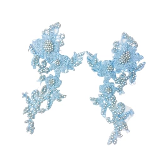 Apliques de encaje con bordado de abalorios 2 unid/set vestidos de novia Parches diamantes imitación bordado Ropa perla flor con cuentas Apliques encaje(Blue)