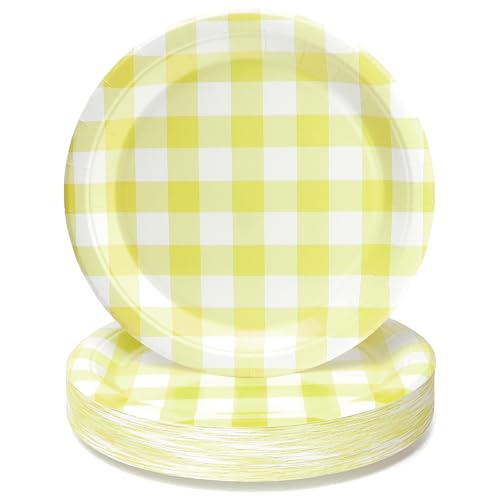 PARTY GO 50 platos de papel de 23 cm de color amarillo y blanco para cenas y postres, ideales para graduaciones, vacaciones, bodas, fiestas de cumpleaños, decoración de baby shower