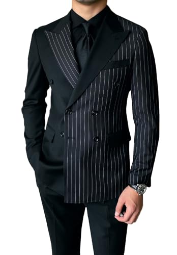 Men's Stripe 2 Pieces Suit Double Breasted Fashion Slim Fit Tuxedos for Wedding Groomsmen(Blazer+Pant)