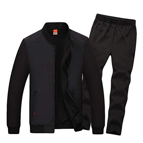 WanYangg Hombres Chándal Dos Piezas Conjuntos Deportivos, Tamaño Grande Color Sólido Cremallera Chaqueta + Pantalones Casual Otoño E Invierno Manga Larga Chandal Traje Deportivo Negro 6XL