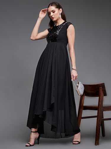 Image of Miss Chase Women's Round Neck Sleeve Embellished Fit Flare Maxi Dress