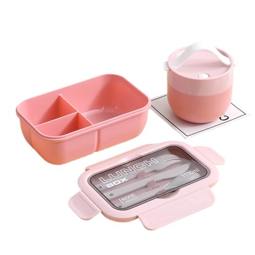 一段式日式弁当箱プラスチック製長方形1〜2人用電子レンジ対応仕切り付きふた付き漏れ防止軽量通学通勤弁当グッズ (2色のピンク3グリッド弁当箱+スープカップ)
