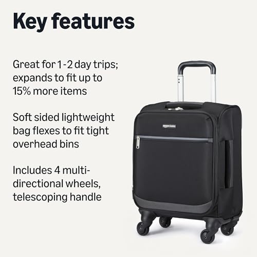 Amazon Basics Luggage, 15" Small Carry-On Softside Suitcase With Wheels, With Four 360-Degree Multi-directional Spinner Wheels, Expandable Space, Zippered Pocket and Straps, Telescopic Handle, Black2