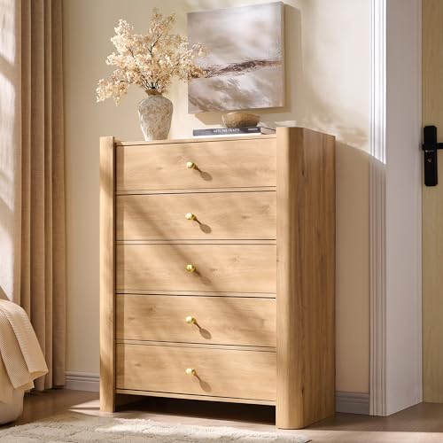 Image of IFGET Modern 5 Drawer Dresser for Bedroom, Wooden Chest of Drawers with Curved Profile Design, 39.6" Tall Wood Dresser with Golden Metal Handle for Bedroom, Living Room, Hallway, Natural