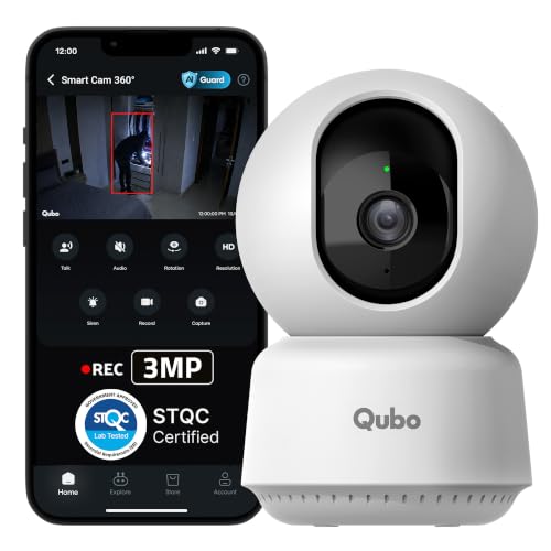 Qubo Smart Cam 360° 3MP [2026 Edition] by Hero Group | STQC Certified | AI Person Detection | Intruder Alarm | Color Night Vision | Two-Way Talk | Rec