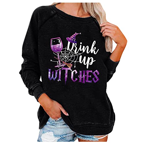 Sudadera de manga larga de Halloween para mujer, divertida, larga, elástica, cuello redondo, poliéster, patrón de ajuste, 01-negro, XXL